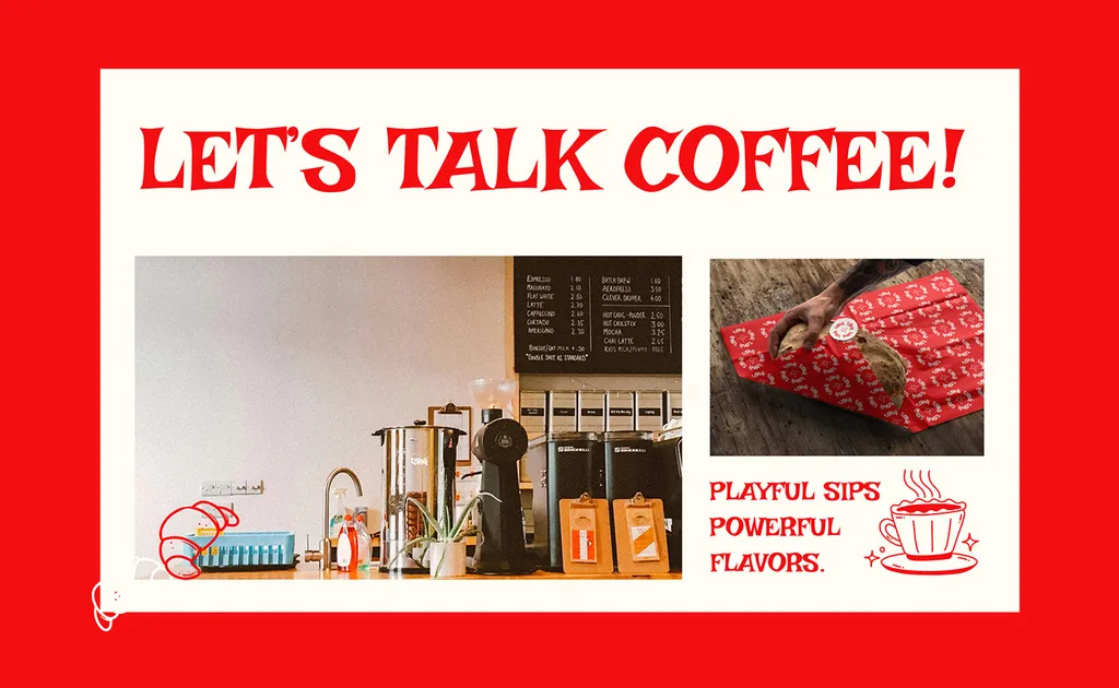 Tong poster on red: “Let’s talk coffee!” with café photos