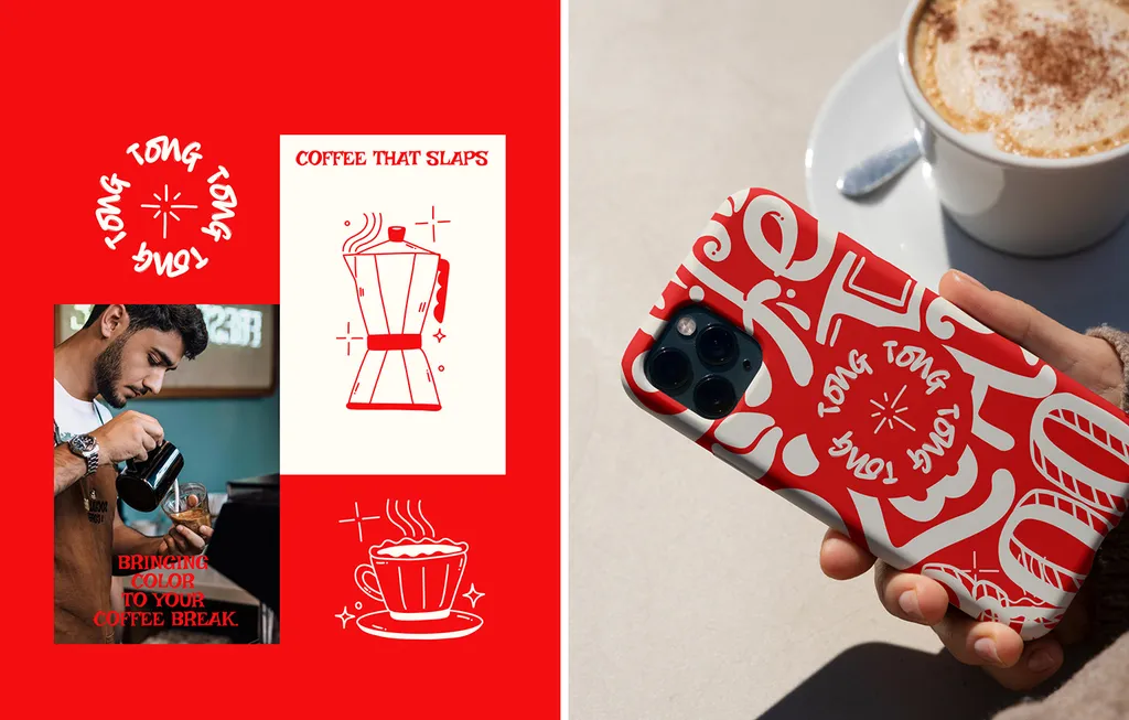 Tong collage: a barista, a moka pot doodle and a phone case in the red Tong pattern
