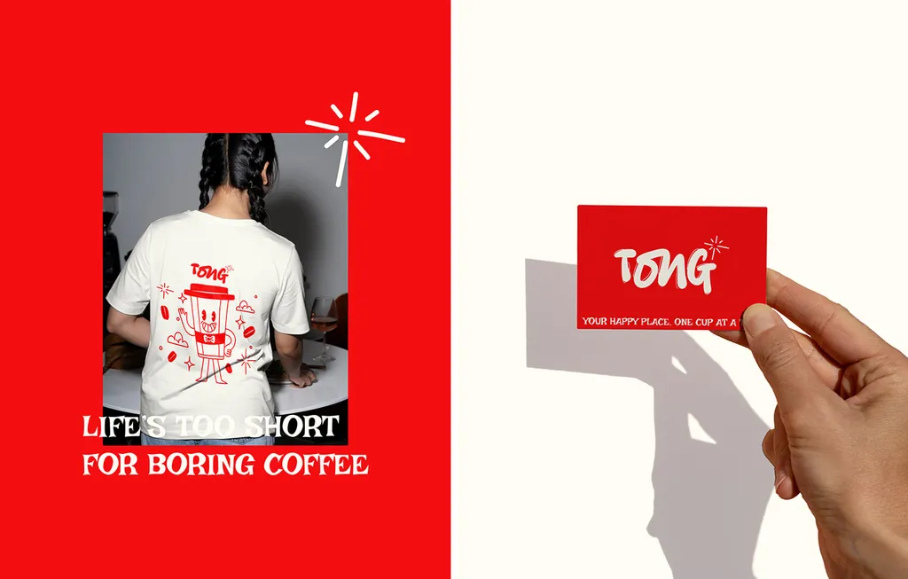 Tong t-shirt, “Life’s too short for boring coffee”, and a red business card