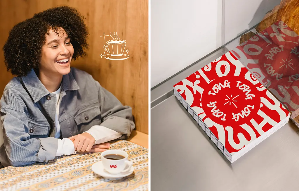 Woman laughing at a café table next to a box wrapped in the red Tong pattern