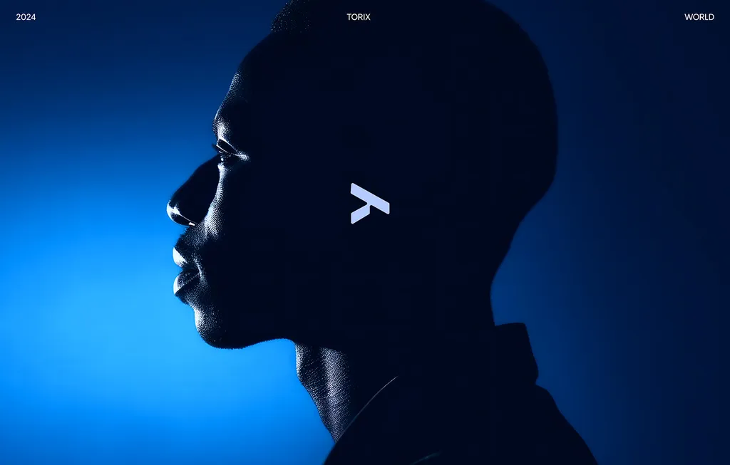 TORIX mark in white on the face of a man in dark profile, lit by a bright blue background
