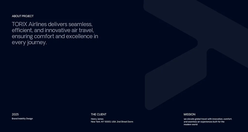 TORIX about page on navy: “TORIX Airlines delivers seamless, efficient, and innovative air travel”, with year, client and mission