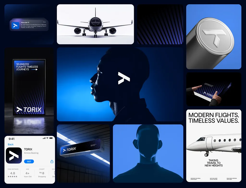 TORIX brand overview: a plane, the mark on a man in profile, a lightbox, app listing, hanging sign, poster and metal can