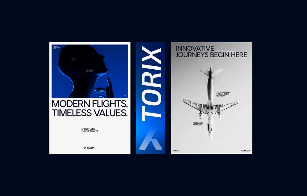 TORIX posters: “Modern Flights, Timeless Values.”, a tall blue TORIX banner and “Innovative Journeys Begin Here” with a plane