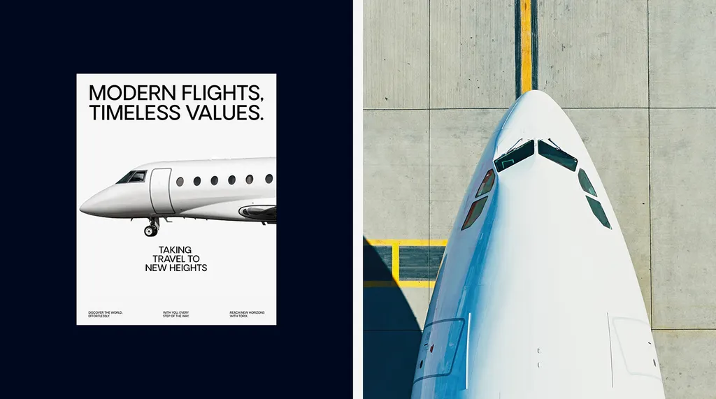 TORIX poster with a private jet, “Modern Flights, Timeless Values.” and “Taking Travel To New Heights”, next to a plane nose