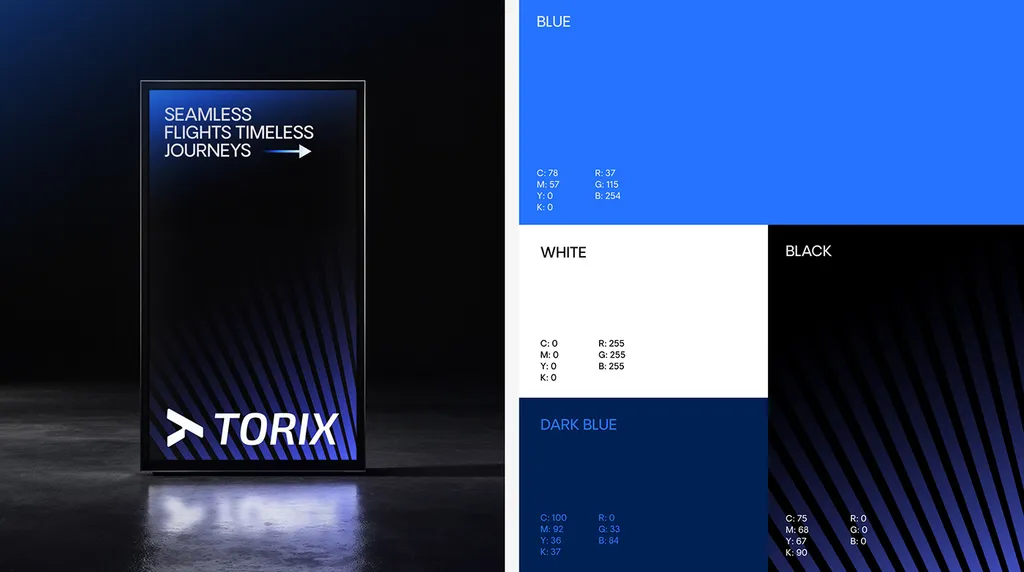 TORIX lightbox with “Seamless Flights Timeless Journeys” next to the palette: blue, white, dark blue and black with CMYK and RGB