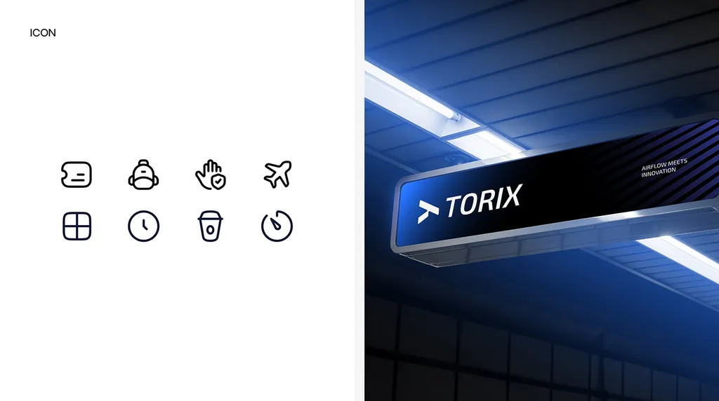 TORIX line icons for tickets, bags, safety, flights and time, next to a hanging sign: “Airflow Meets Innovation”