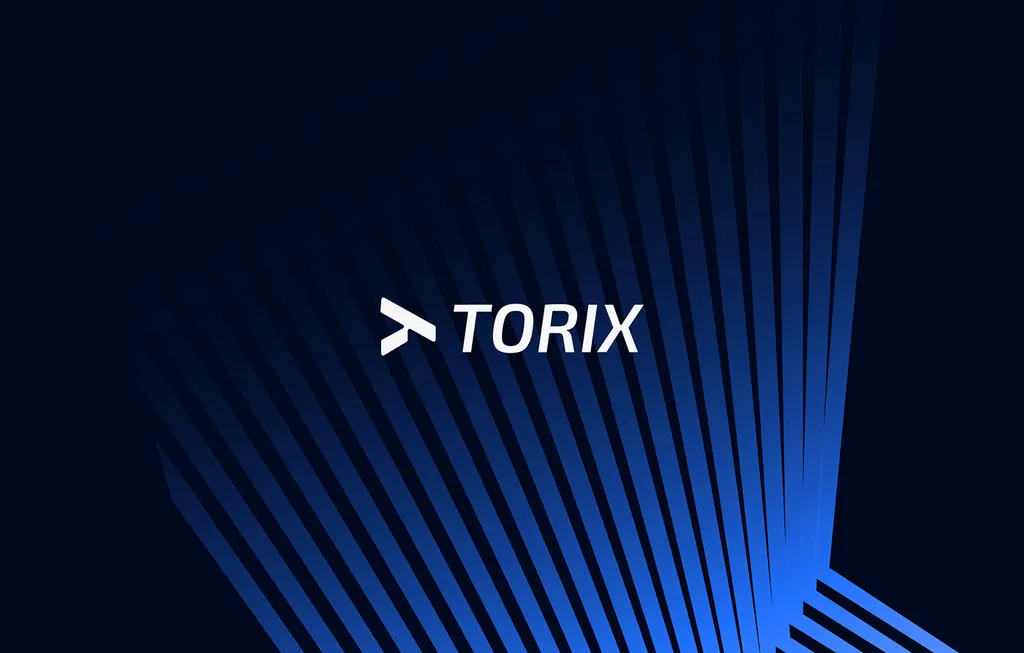 TORIX logo in white: an angular arrow mark and slanted wordmark over blue diagonal stripes on navy