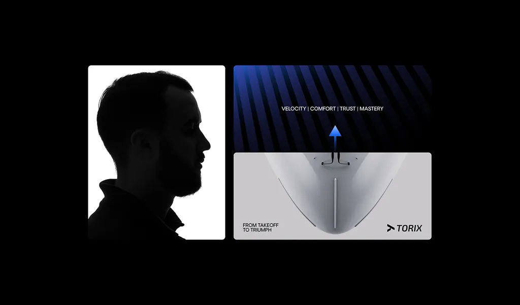 TORIX values card, “Velocity | Comfort | Trust | Mastery” over blue stripes and a plane nose, next to a man in silhouette