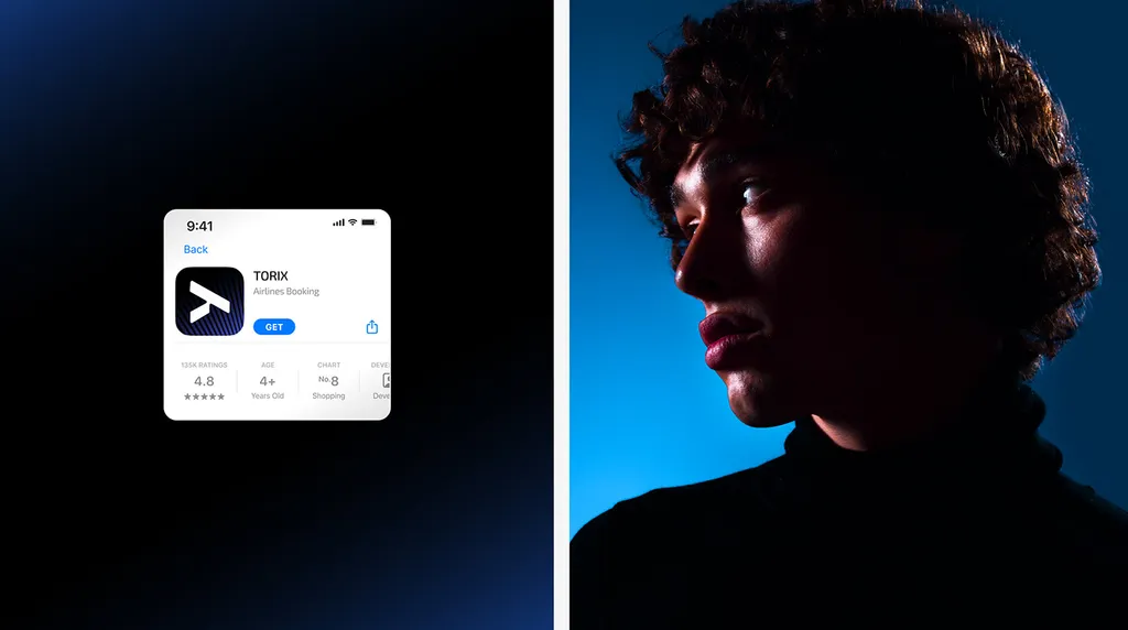 TORIX app store listing for Airlines Booking with the striped app icon, next to a young man in blue-lit profile