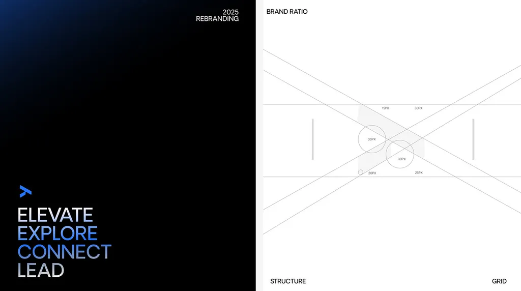 TORIX 2025 rebranding page: “Elevate Explore Connect Lead” in white and blue, next to the mark’s brand ratio grid