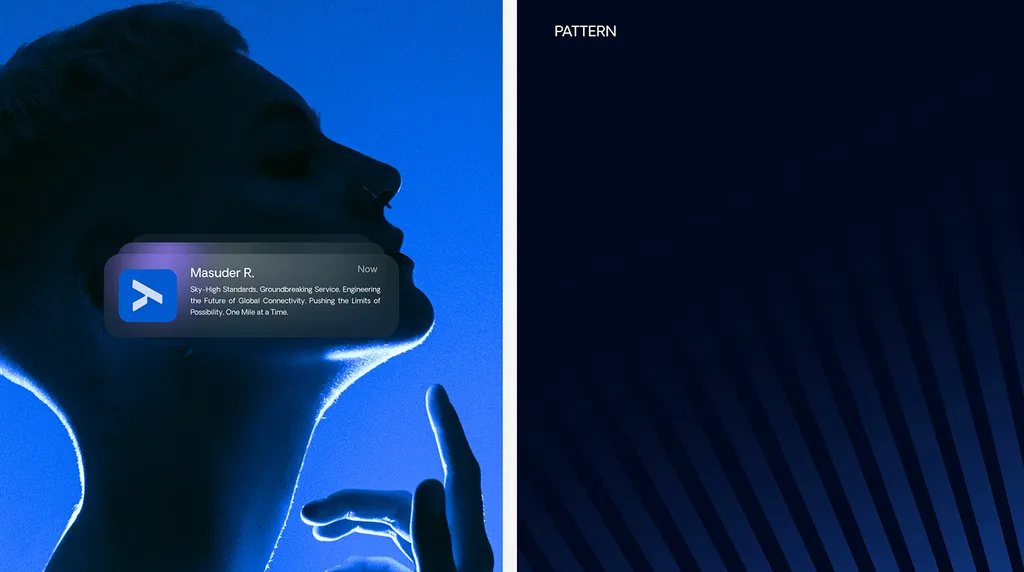 TORIX app notification over a blue-lit profile, next to the pattern page: blue diagonal stripes fading into navy