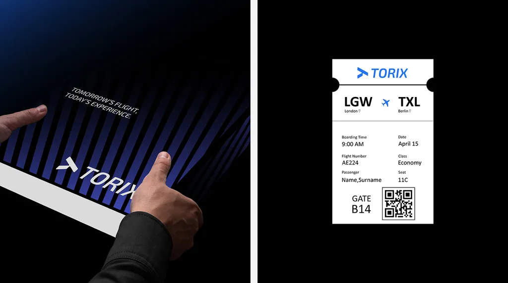 TORIX tablet held in two hands, “Tomorrow’s Flight, Today’s Experience.”, next to a London to Berlin boarding pass