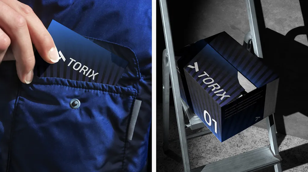 TORIX blue card slipped into a navy jacket pocket, next to a striped TORIX box marked 01 on a metal stepladder