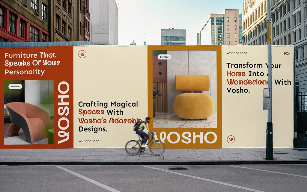 Vosho street hoarding with “Furniture That Speaks Of Your Personality”, a yellow chair and a cyclist riding past