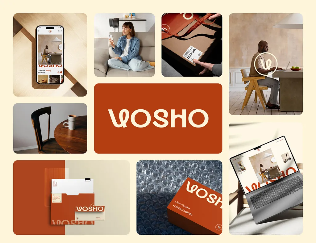 Vosho identity grid: the wordmark on rust orange, phone and laptop store screens, stationery, cards and packaging