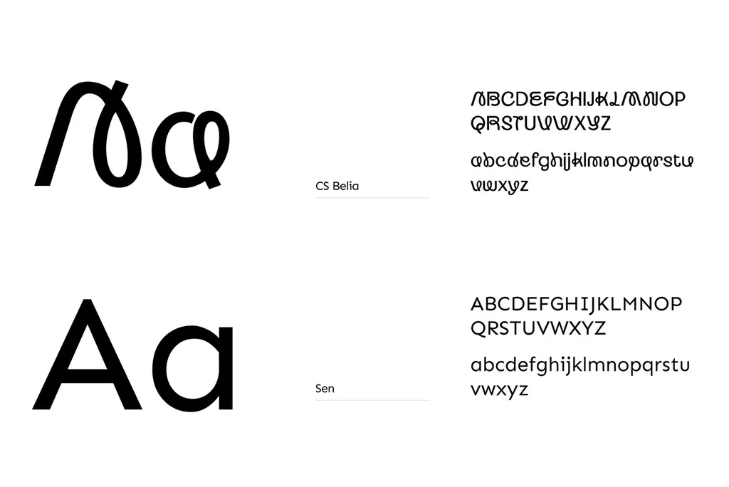 Vosho typography: CS Belia, a looping display face, and Sen, a clean sans serif, each with a full alphabet