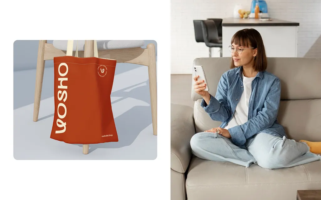 Rust orange Vosho tote bag hanging on a wooden chair, next to a woman on a sofa looking at her phone