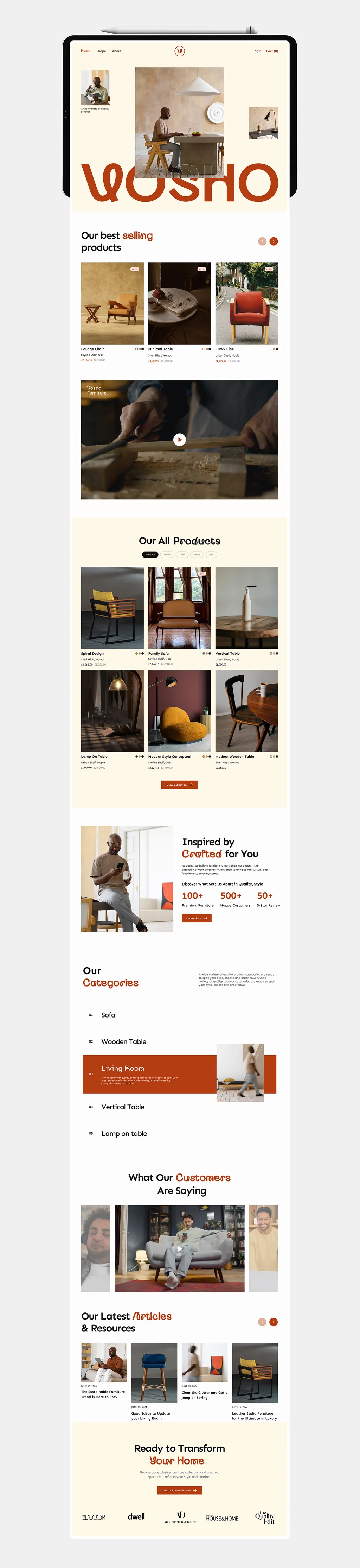 Vosho website on a tablet: a giant wordmark hero, product cards with prices, a craft video, categories and articles