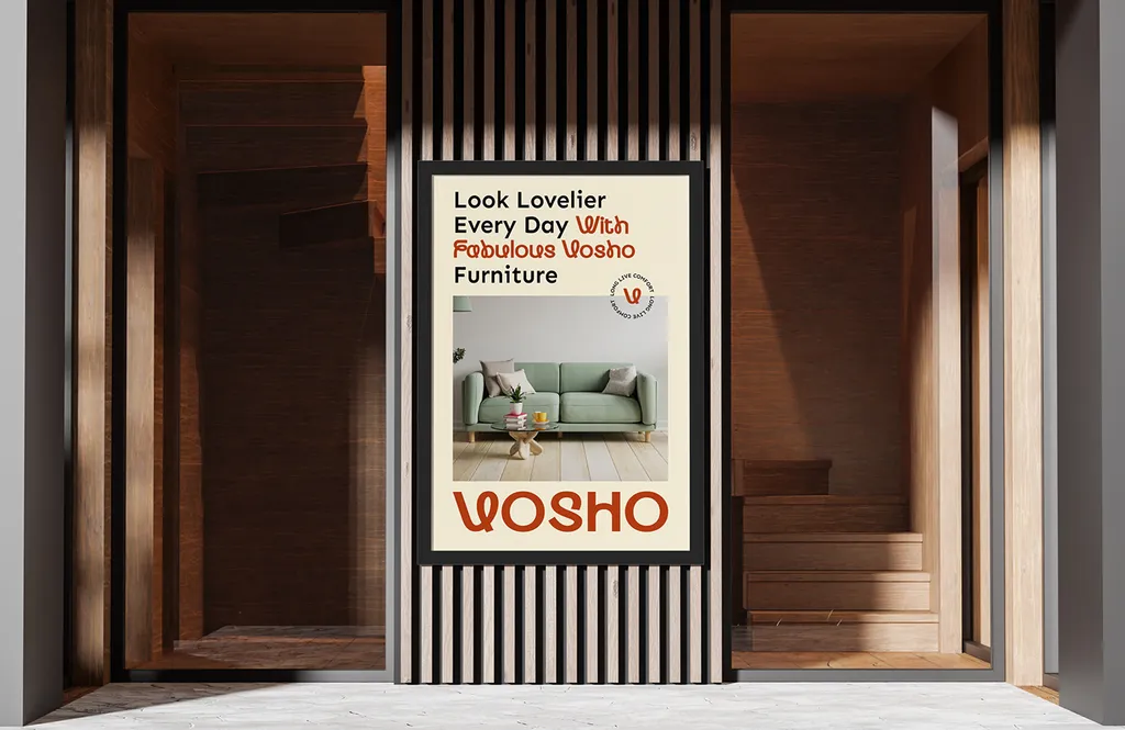 Vosho poster in a wooden shopfront: “Look Lovelier Every Day With Fabulous Vosho Furniture” over a green sofa