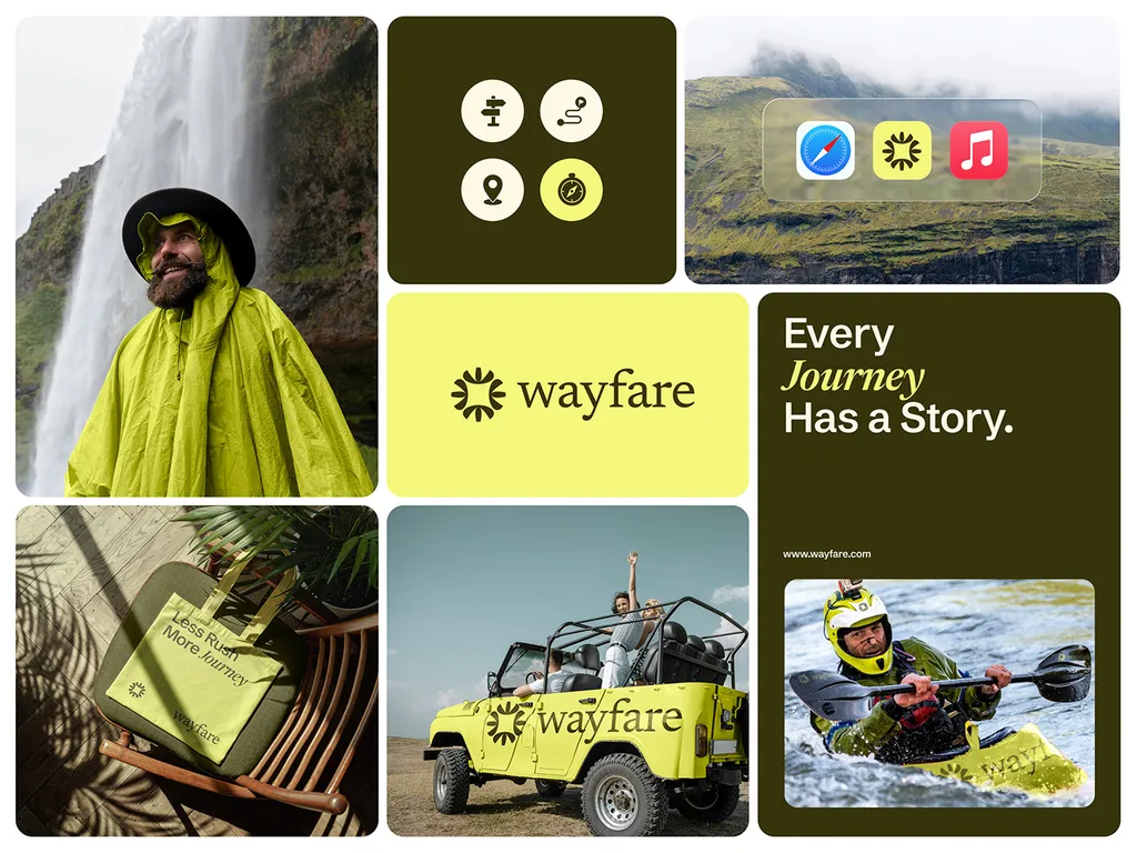 Wayfare brand overview: a traveller at a waterfall, app icons, the logo, a jeep, a kayaker and the line “Every Journey Has a Story”
