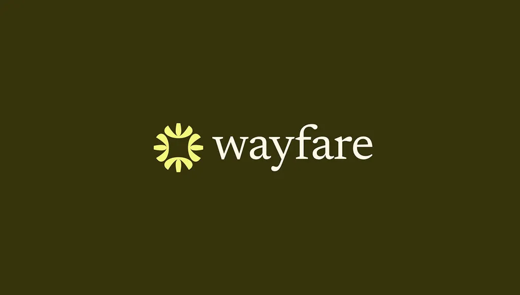Wayfare logo, a sun symbol and lowercase wordmark, in cream on dark olive