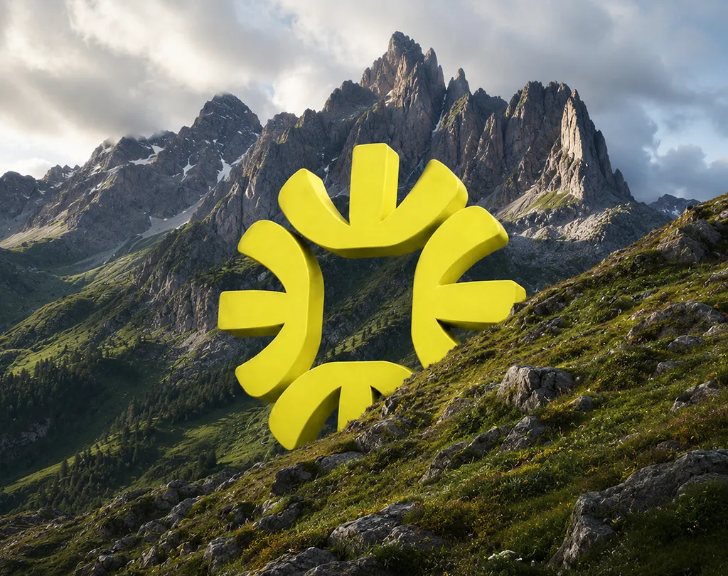 Lime 3D Wayfare sun symbol standing in front of rocky mountain peaks