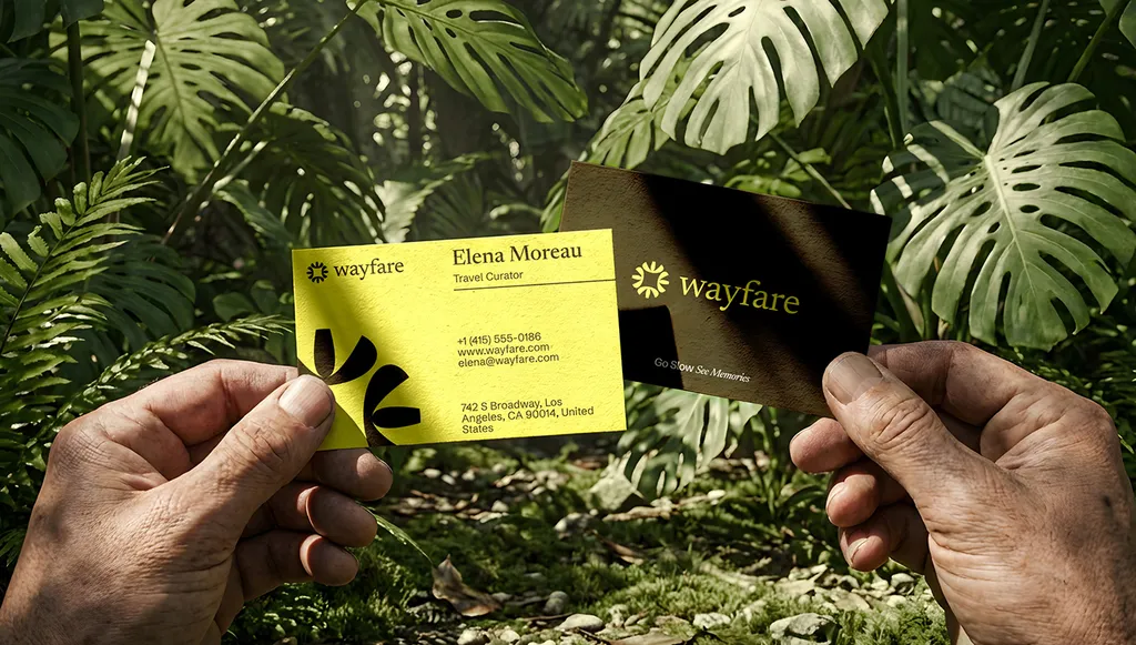 Hands holding a lime Wayfare business card among tropical leaves