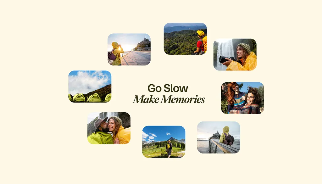 Wayfare “Go Slow, Make Memories” layout with rounded travel photos on cream