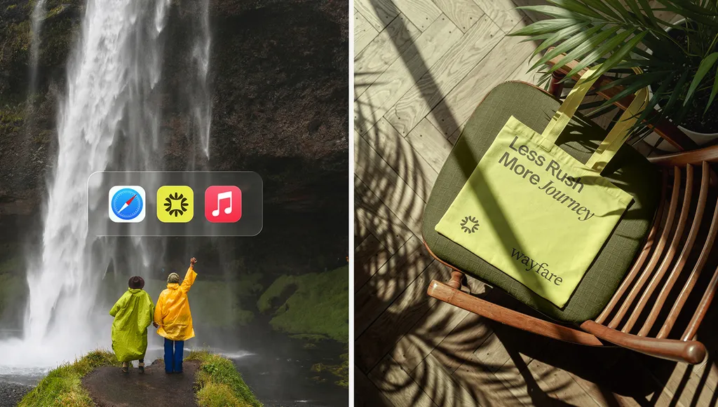Traveller in a lime poncho at a waterfall next to a Wayfare tote bag: “Less Rush, More Journey”