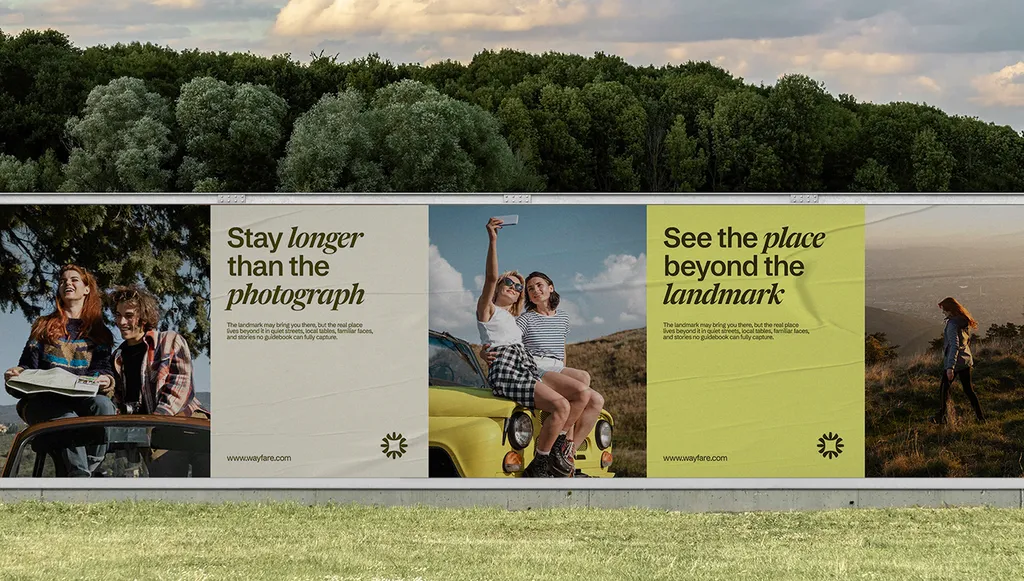 Wayfare billboard by a forest reading “Stay longer than the photograph” and “See the place beyond the landmark”