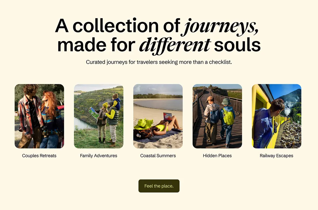Wayfare website section “A collection of journeys, made for different souls” with trip cards