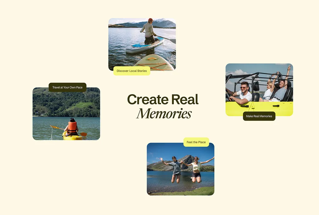 Wayfare “Create Real Memories” layout with travel photos and captions