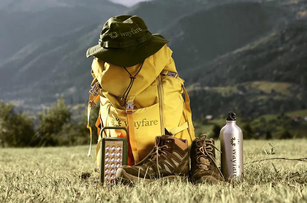 Lime Wayfare backpack and water bottle in a sunny meadow