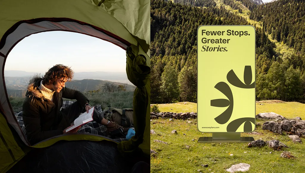 Woman reading in a tent next to a Wayfare sign: “Fewer Stops. Greater Stories.”