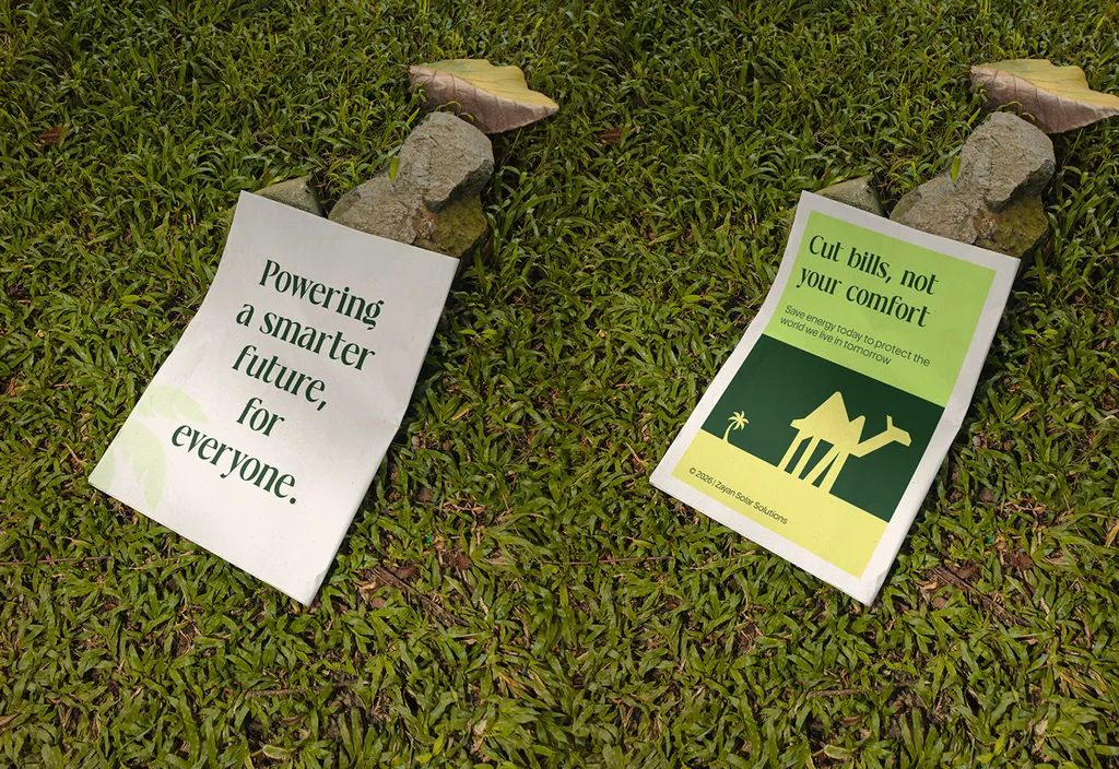 ZAYAN flyers lying on grass: “Powering a smarter future, for everyone” and “Cut bills, not your comfort”