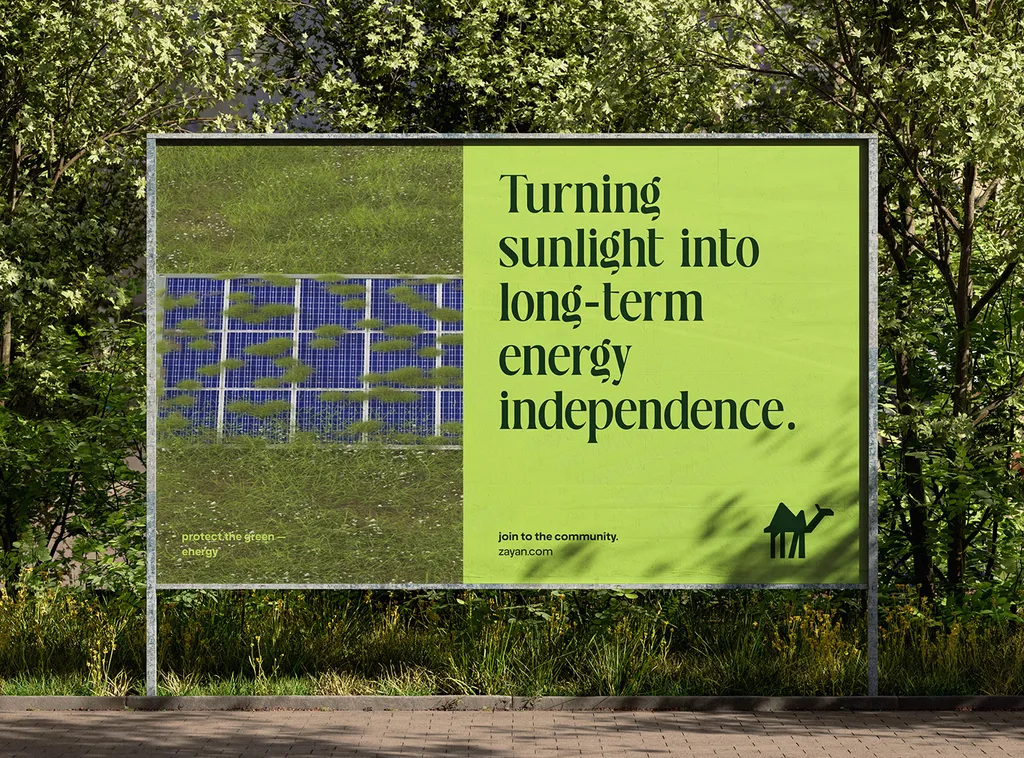 ZAYAN billboard in a forest: “Turning sunlight into long-term energy independence”