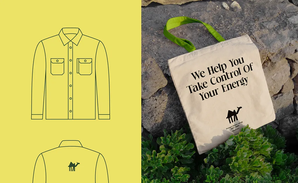 ZAYAN uniform shirt drawing and a canvas tote: “We help you take control of your energy”