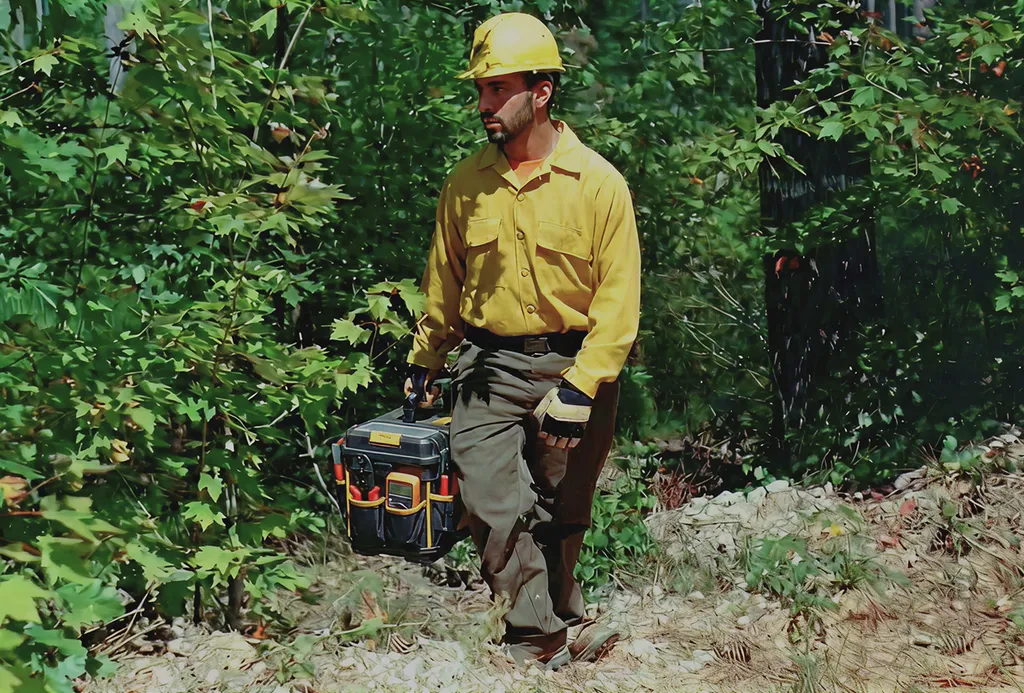 ZAYAN technician in a yellow shirt carrying a toolbox through the woods