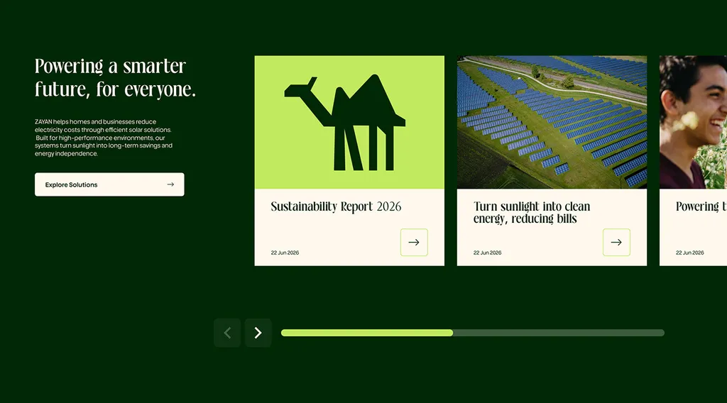 ZAYAN website hero, “Powering a smarter future, for everyone”, with project cards