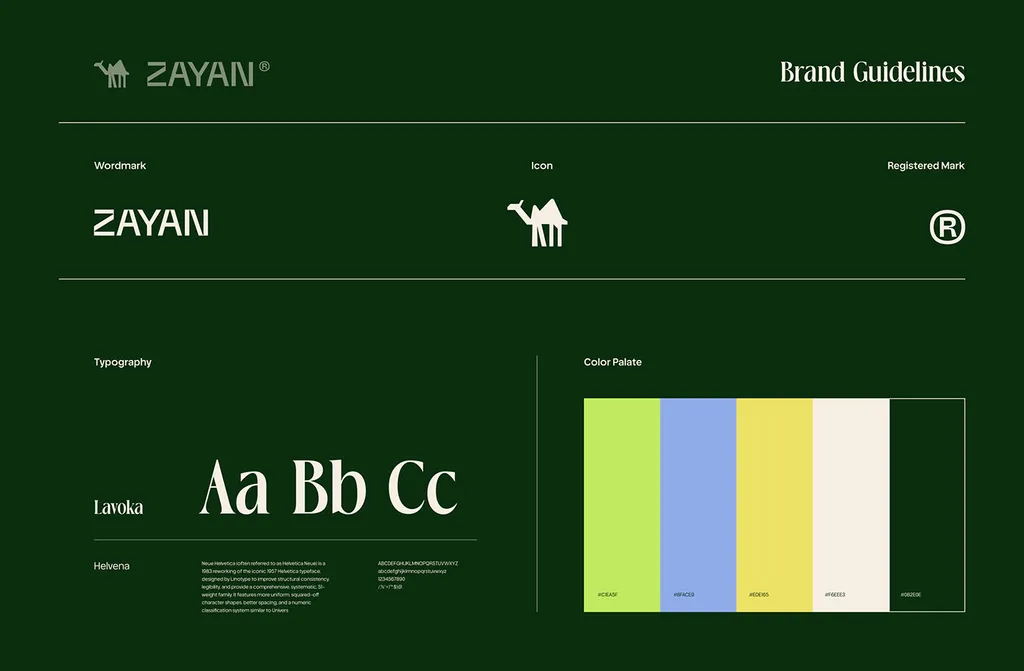 ZAYAN brand guidelines overview: wordmark, icon, typography and color palette