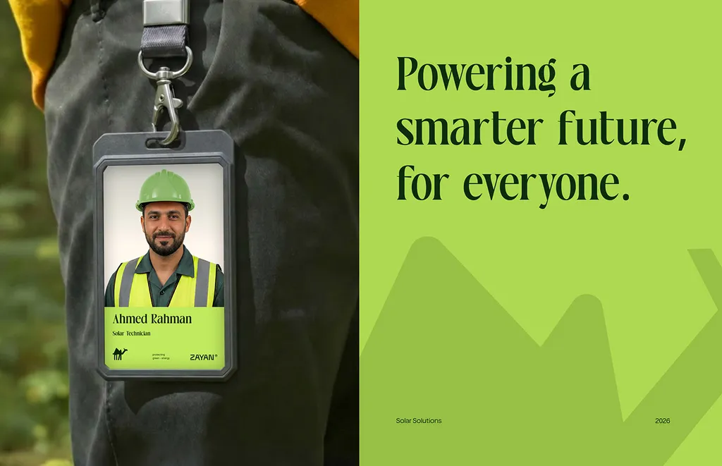 ZAYAN ID badge on a lanyard next to the line “Powering a smarter future, for everyone”