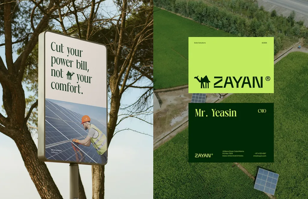 ZAYAN billboard, “Cut your power bill, not your comfort”, next to a business card for the CEO