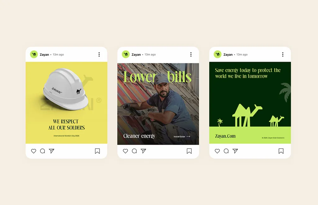 Three ZAYAN social posts in lime and green