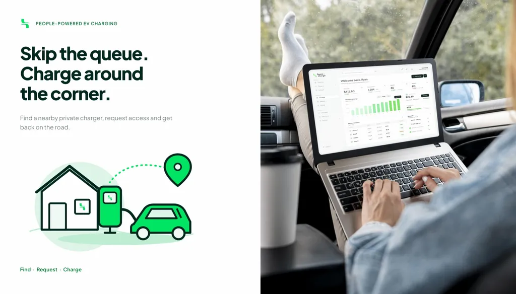 SpareCharge ad reading “Skip the queue. Charge around the corner.” next to a laptop with the app