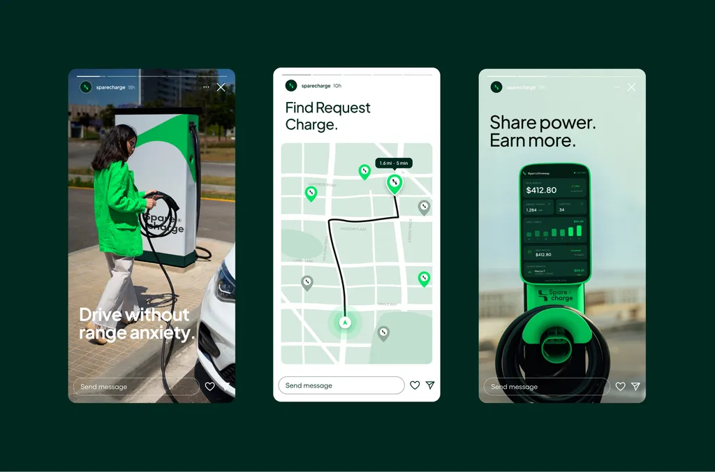 SpareCharge app screens to find a charger, request access and track earnings