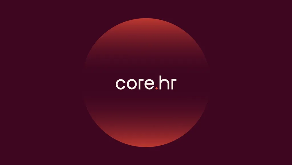 Core.hr wordmark on a glowing red circle over a deep burgundy background