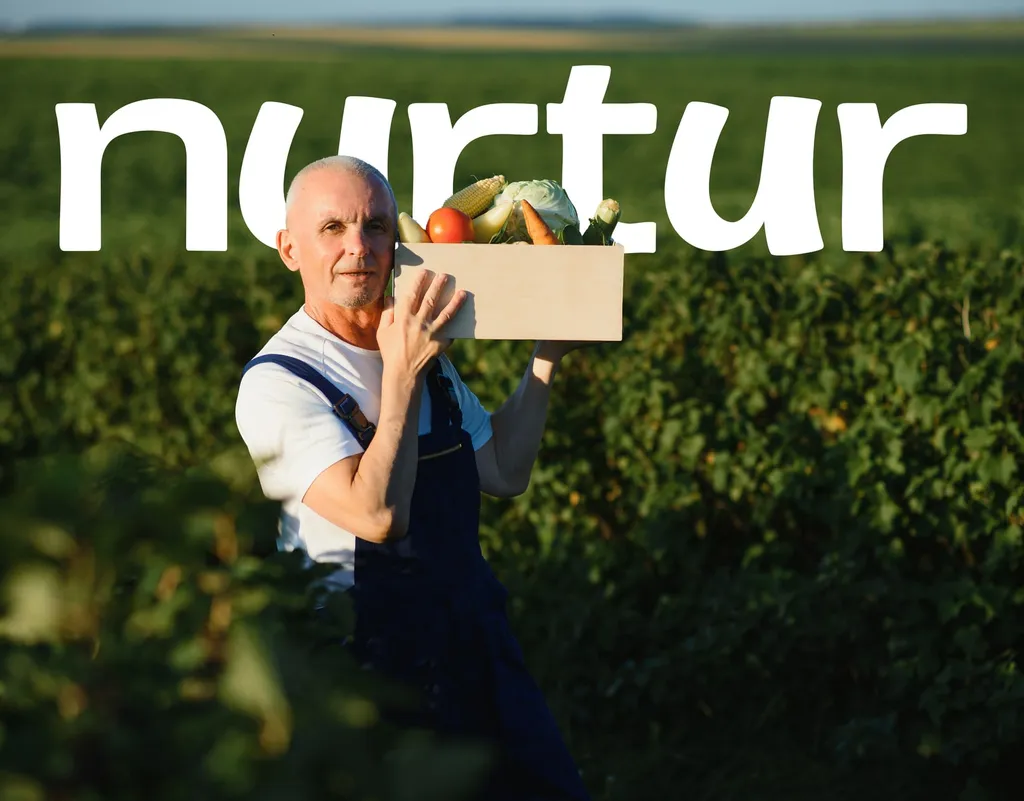 Nurtur wordmark over a farmer carrying a crate of vegetables through a green field