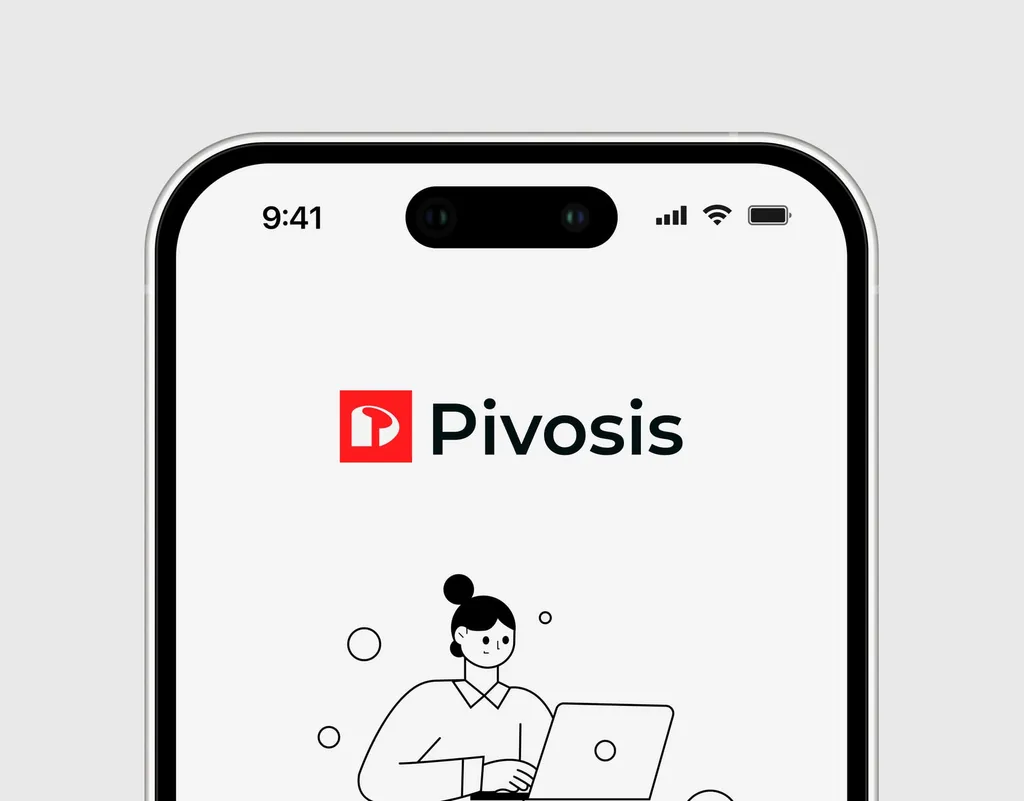 Pivosis logo on a phone screen above an illustration of a person working on a laptop